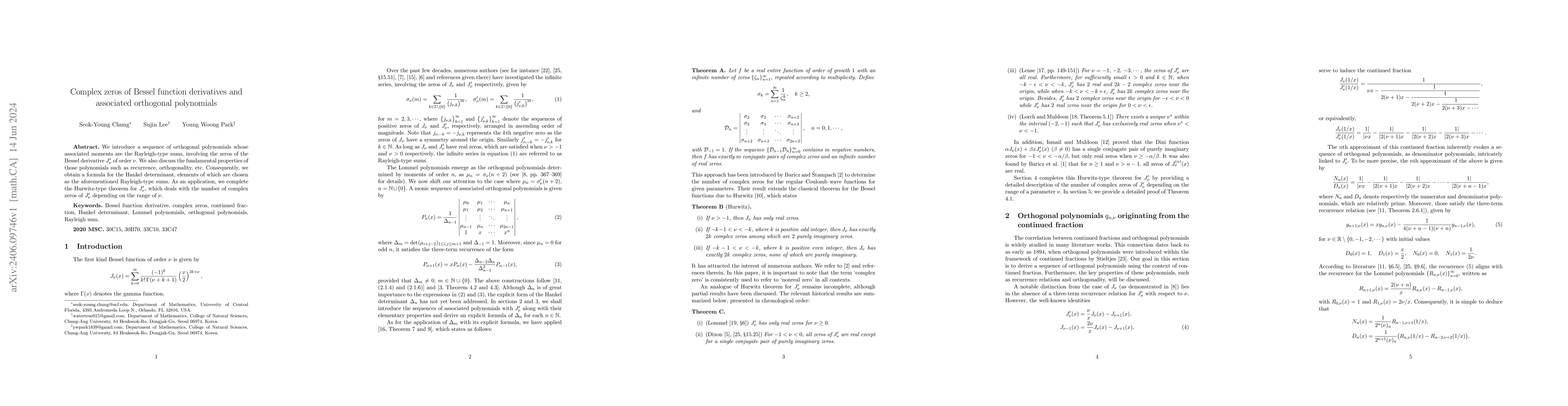 Thumbnail for Complex zeros of Bessel function derivatives and associated orthogonal
  polynomials