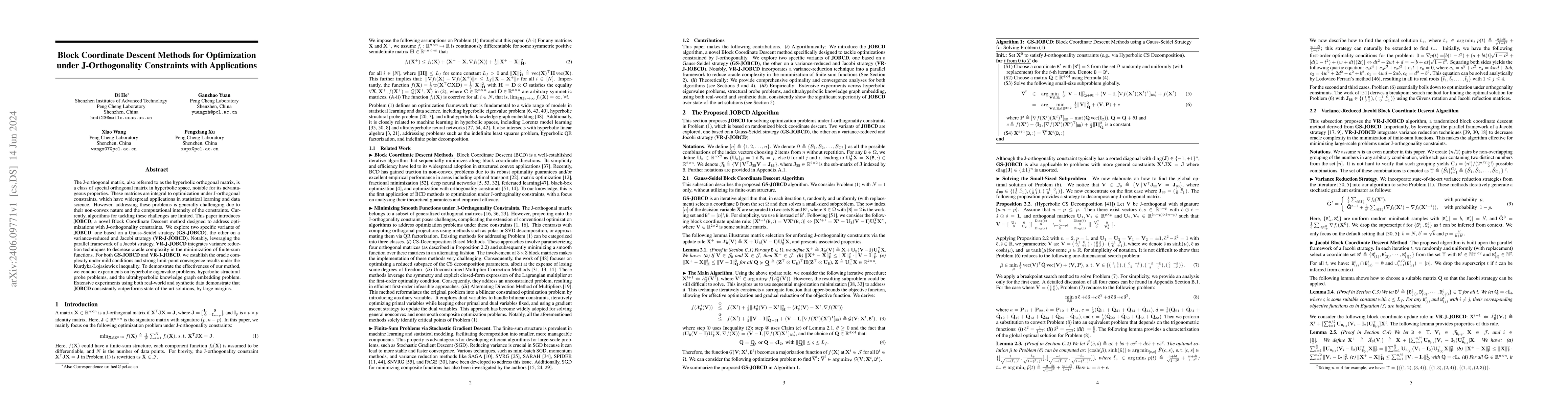 Thumbnail for Block Coordinate Descent Methods for Optimization under J-Orthogonality
  Constraints with Applications