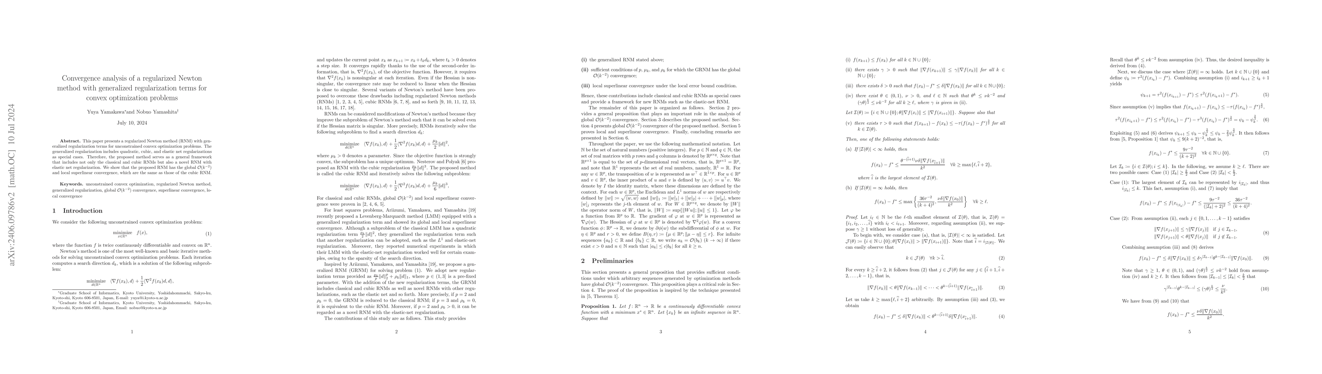 Thumbnail for Convergence analysis of a regularized Newton method with generalized
  regularization terms for convex optimization problems