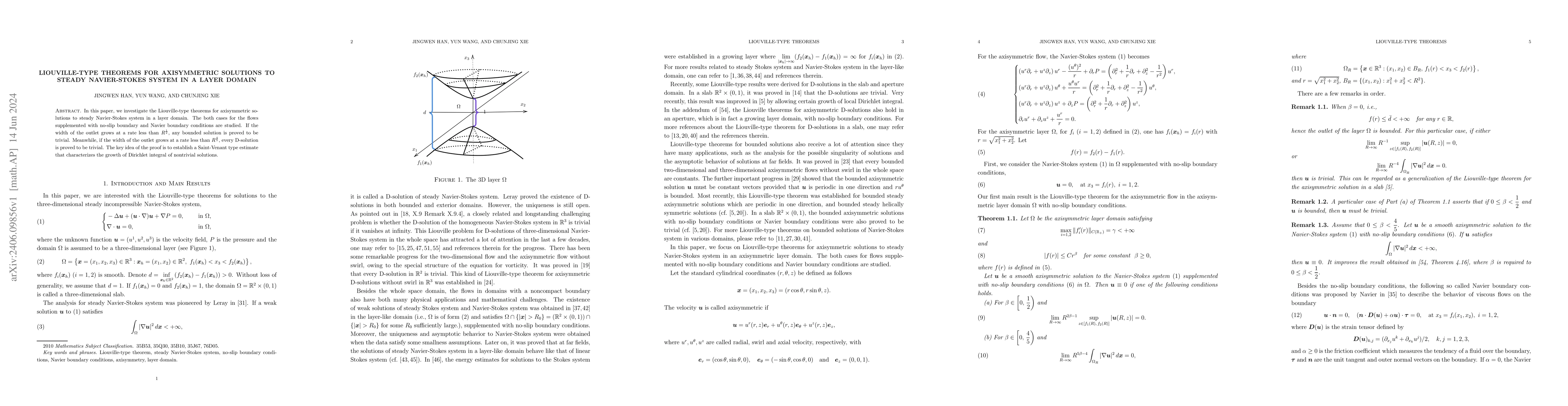 Thumbnail for Liouville-type theorems for Axisymmetric solutions to steady
  Navier-Stokes system in a layer domain