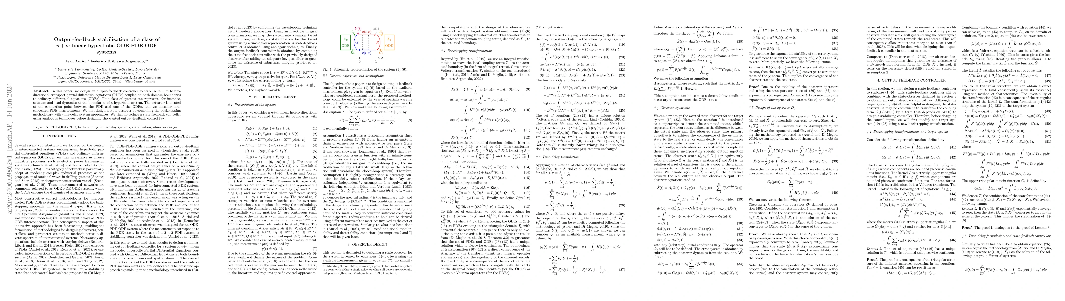 Thumbnail for Output-feedback stabilization of a class of n+m linear hyperbolic
  ODE-PDE-ODE systems
