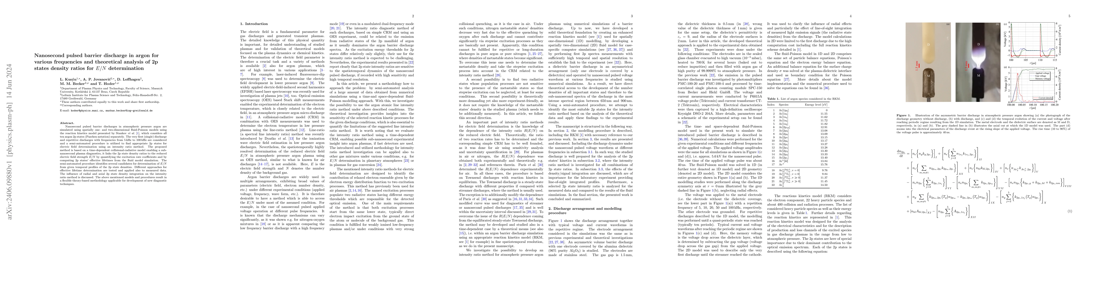 Thumbnail for Nanosecond pulsed barrier discharge in argon for various frequencies and
  theoretical analysis of 2p states density ratios for E/N determination