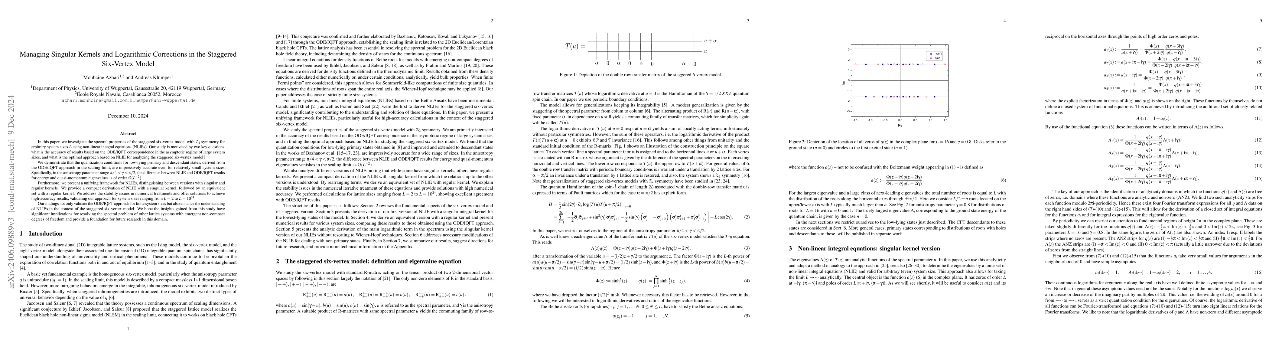 Thumbnail for Managing Singular Kernels and Logarithmic Corrections in the Staggered
  Six-Vertex Model