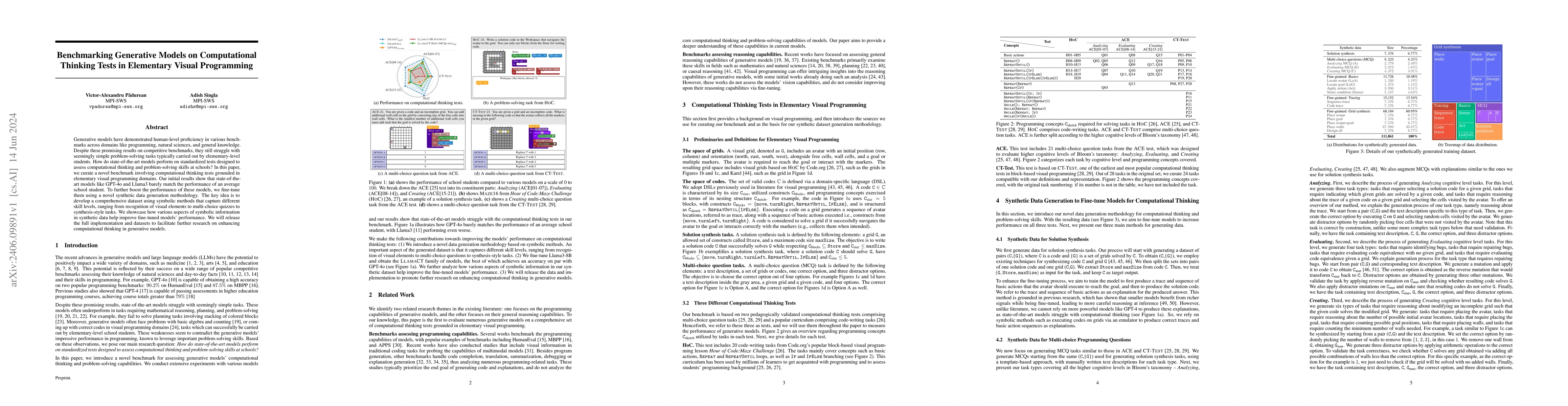 Thumbnail for Benchmarking Generative Models on Computational Thinking Tests in
  Elementary Visual Programming