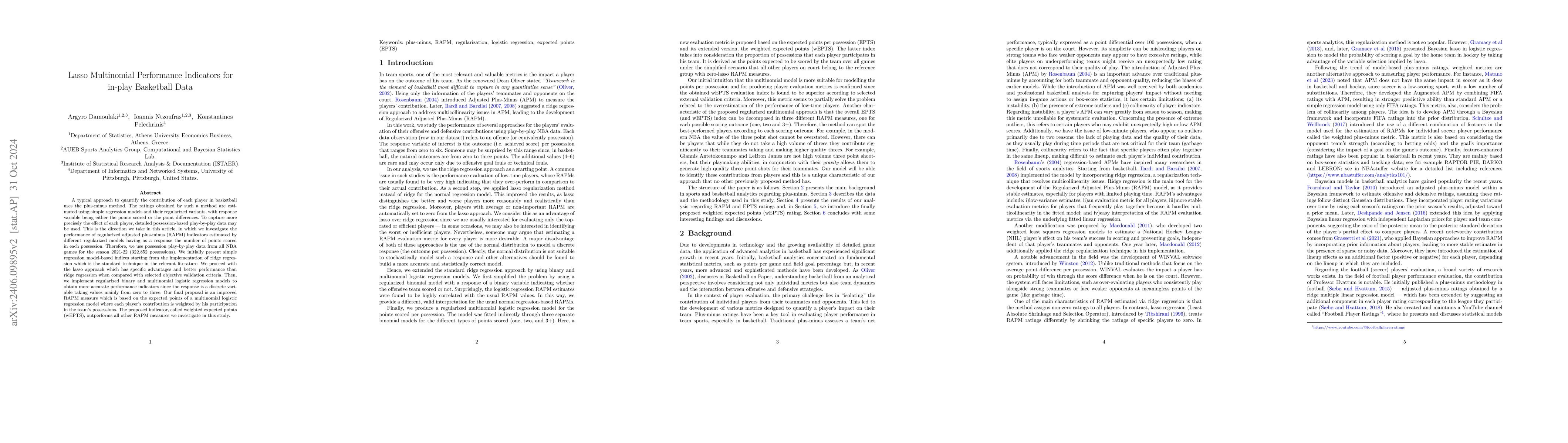 Thumbnail for Lasso Multinomial Performance Indicators for in-play Basketball Data