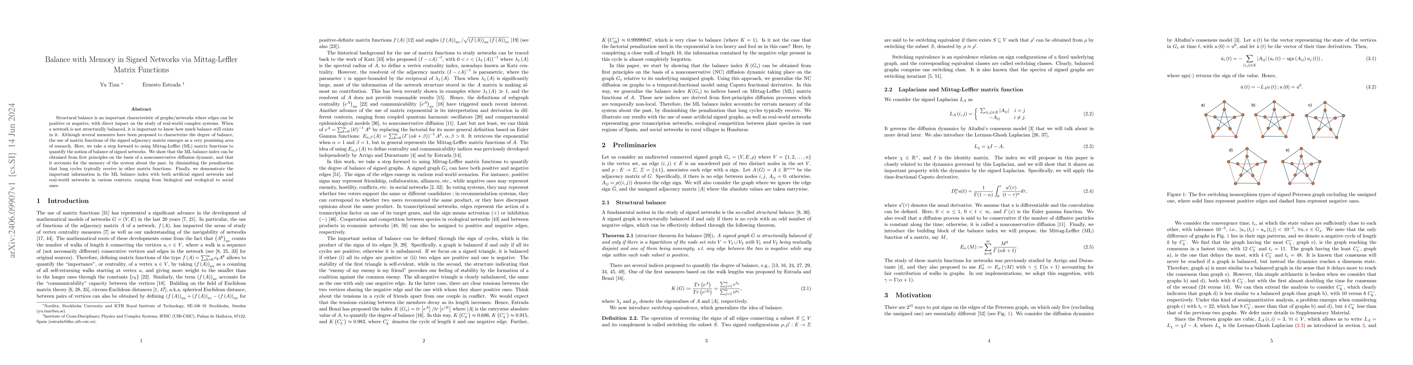 Thumbnail for Balance with Memory in Signed Networks via Mittag-Leffler Matrix
  Functions