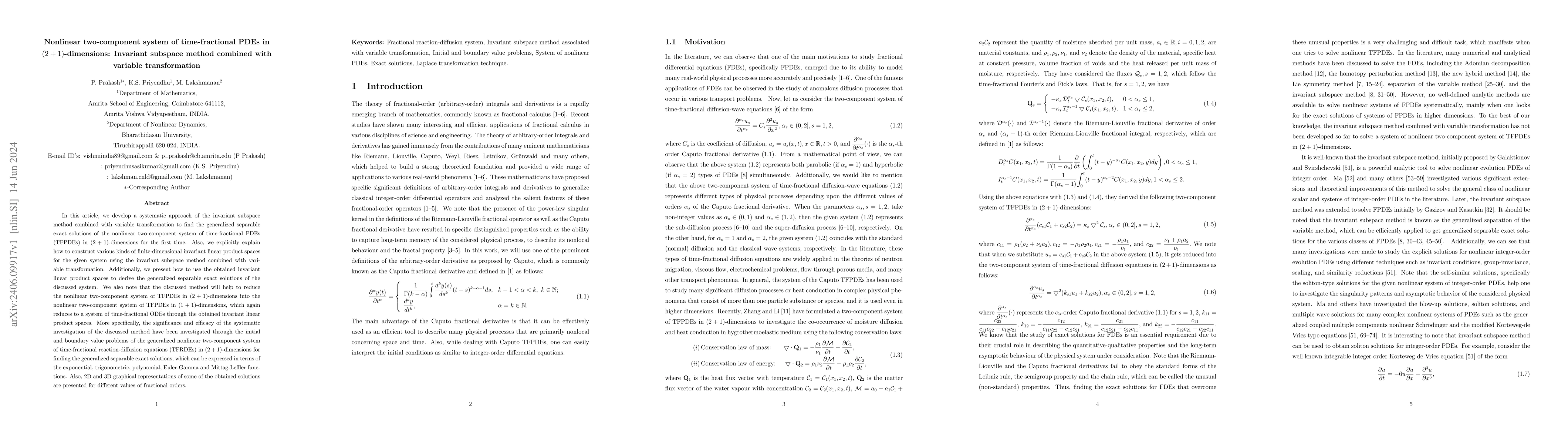 Thumbnail for Nonlinear two-component system of time-fractional PDEs in
  (2+1)-dimensions: Invariant subspace method combined with variable
  transformation