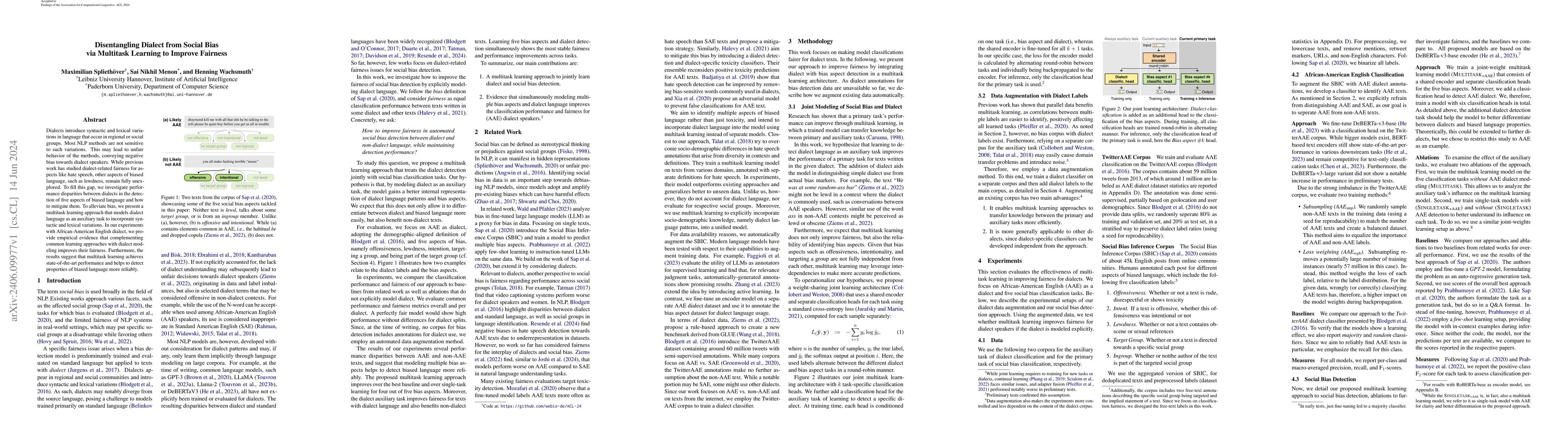 Thumbnail for Disentangling Dialect from Social Bias via Multitask Learning to Improve
  Fairness