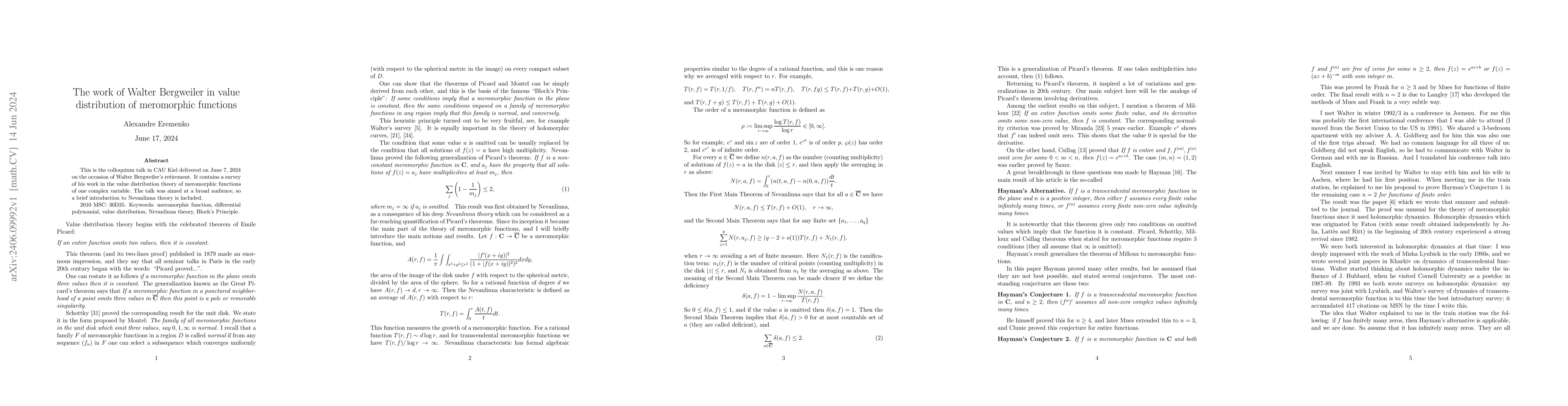 Thumbnail for The work of Walter Bergweiler in value distribution of meromorphic
  functions
