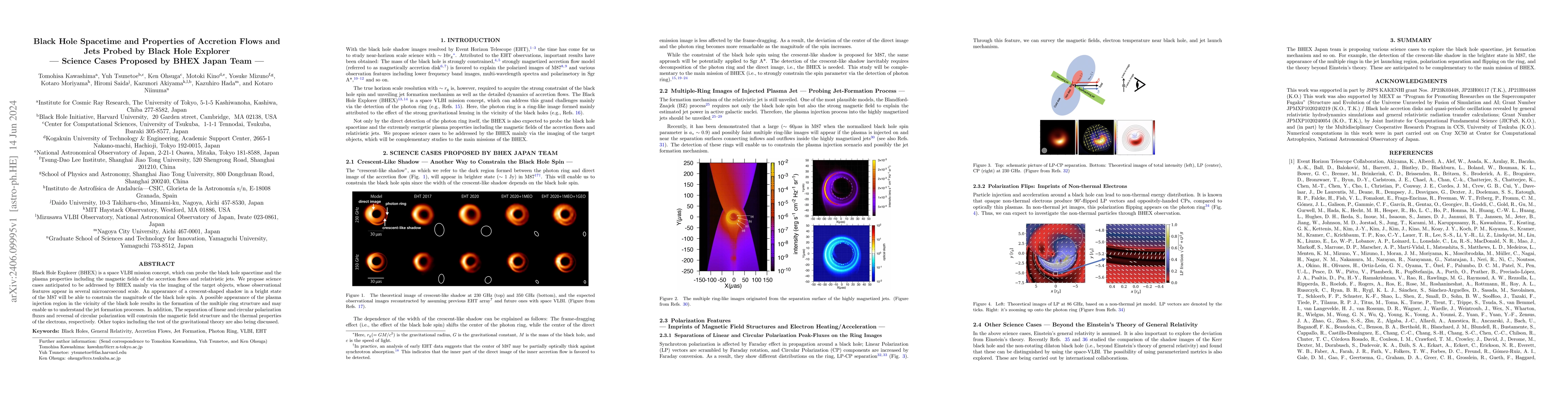 Thumbnail for Black Hole Spacetime and Properties of Accretion Flows and Jets Probed
  by Black Hole Explorer: Science Cases Proposed by BHEX Japan Team