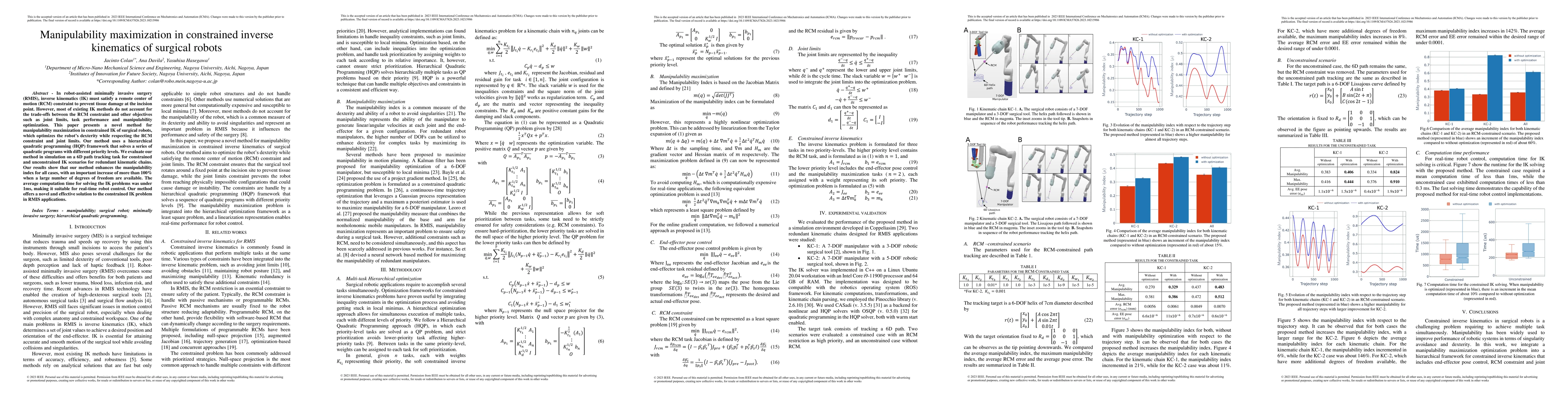 Thumbnail for Manipulability maximization in constrained inverse kinematics of
  surgical robots