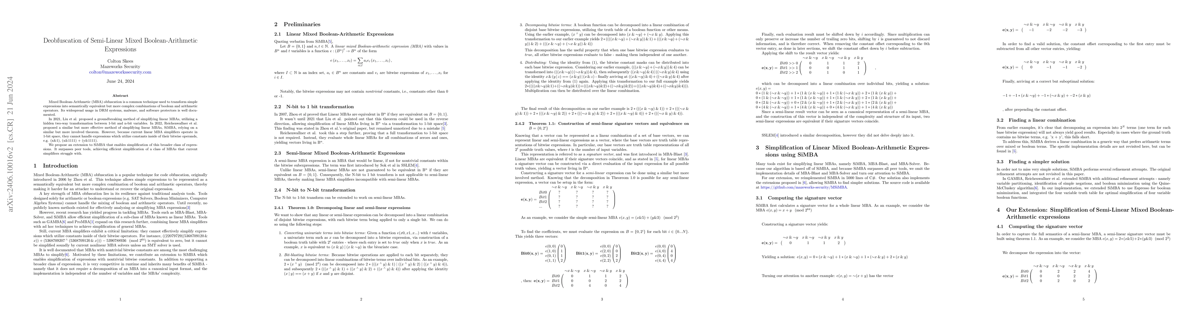 Thumbnail for Deobfuscation of Semi-Linear Mixed Boolean-Arithmetic Expressions
