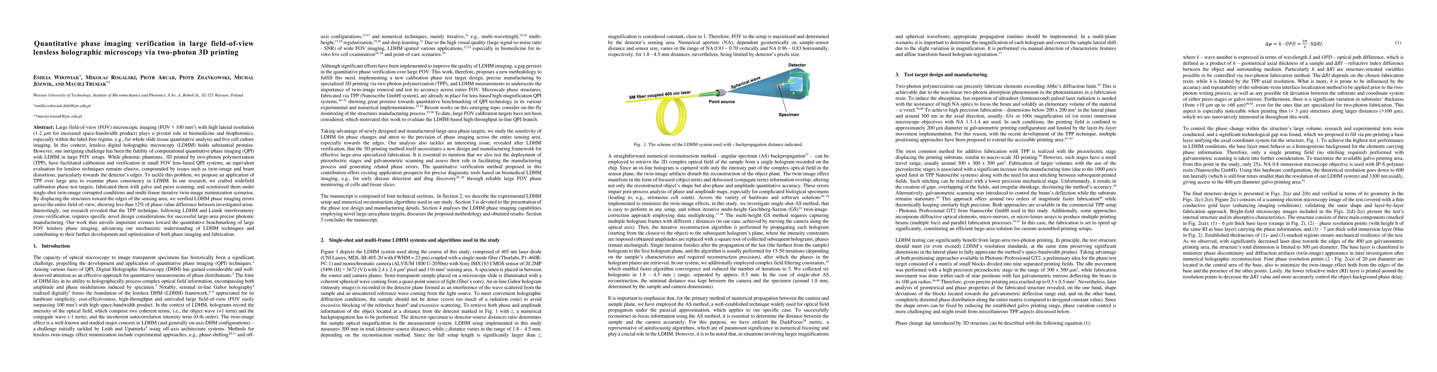 Thumbnail for Quantitative phase imaging verification in large field-of-view lensless
  holographic microscopy via two-photon 3D printing