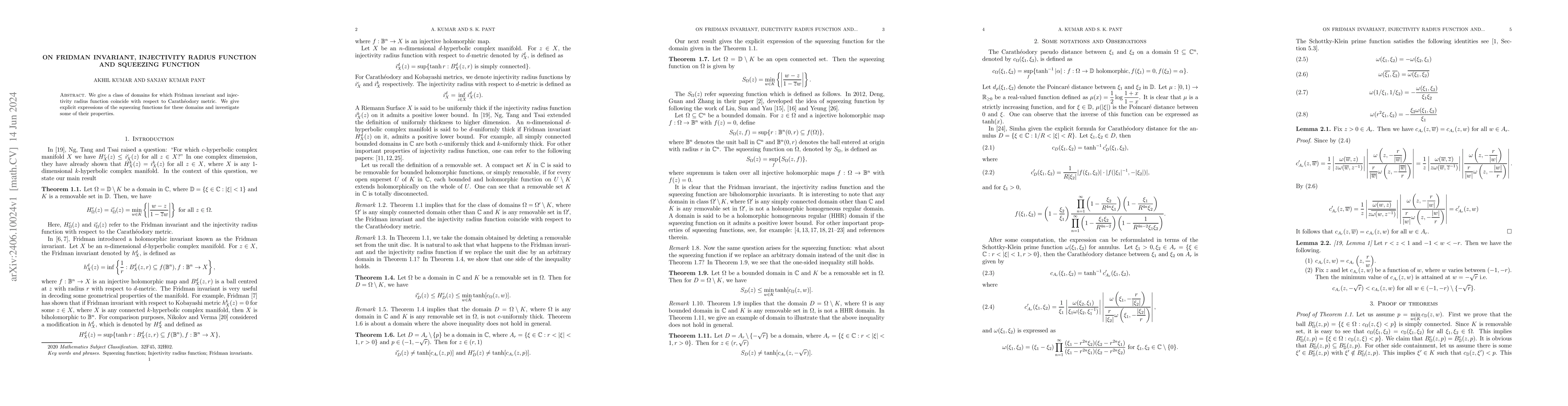Thumbnail for On Fridman invariant, injectivity radius function and squeezing function