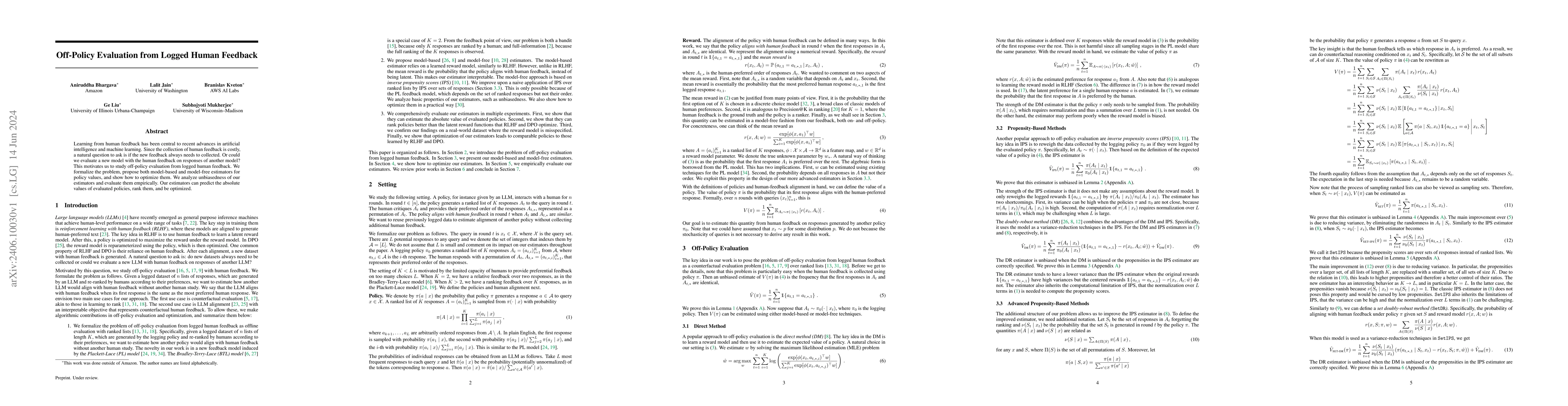 Thumbnail for Off-Policy Evaluation from Logged Human Feedback