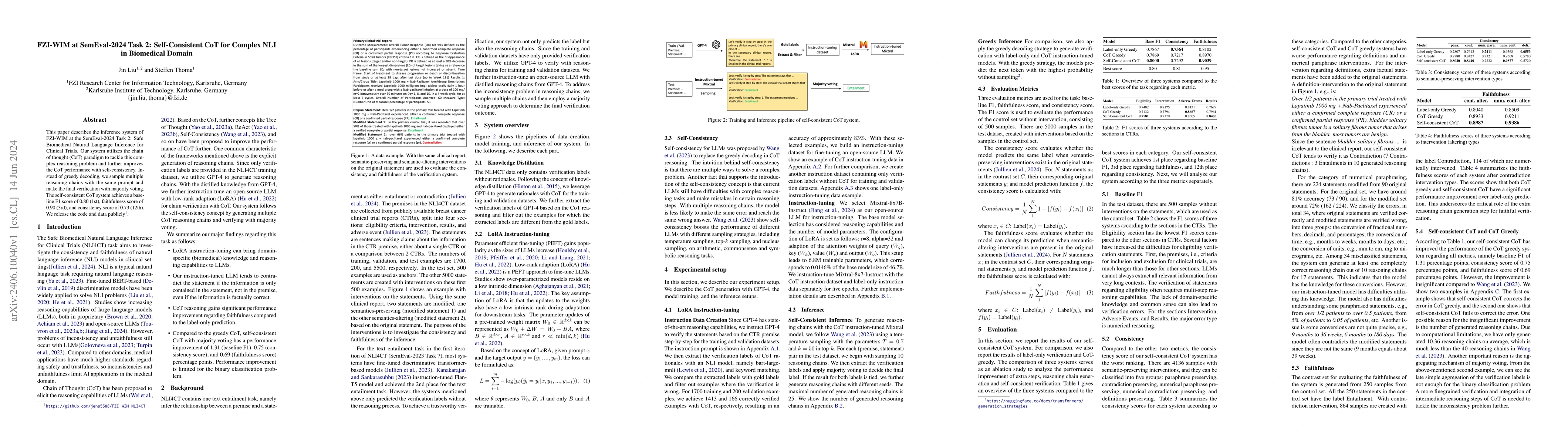 Thumbnail for FZI-WIM at SemEval-2024 Task 2: Self-Consistent CoT for Complex NLI in
  Biomedical Domain