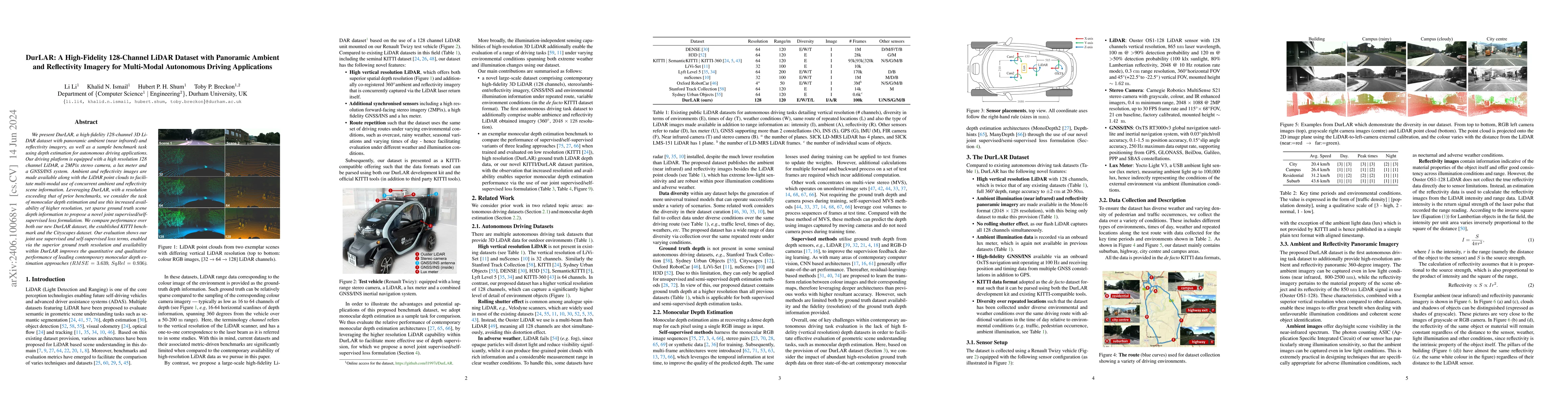 Thumbnail for DurLAR: A High-fidelity 128-channel LiDAR Dataset with Panoramic Ambient
  and Reflectivity Imagery for Multi-modal Autonomous Driving Applications
