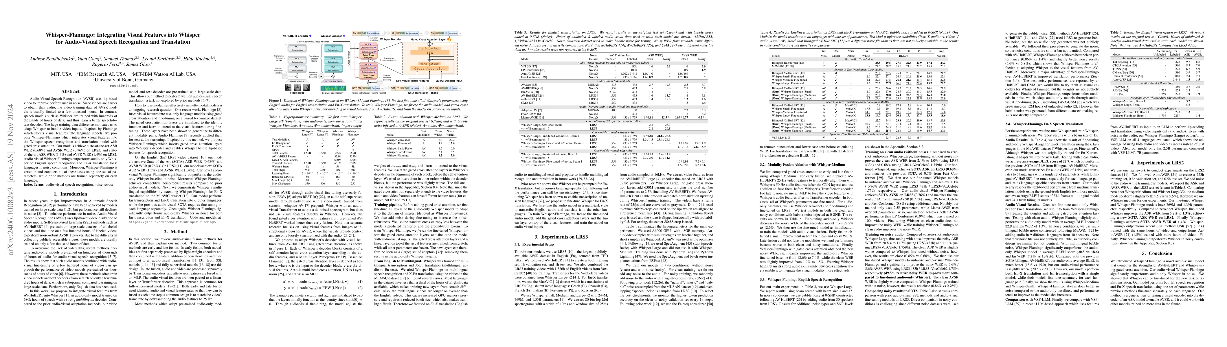 Thumbnail for Whisper-Flamingo: Integrating Visual Features into Whisper for
  Audio-Visual Speech Recognition and Translation