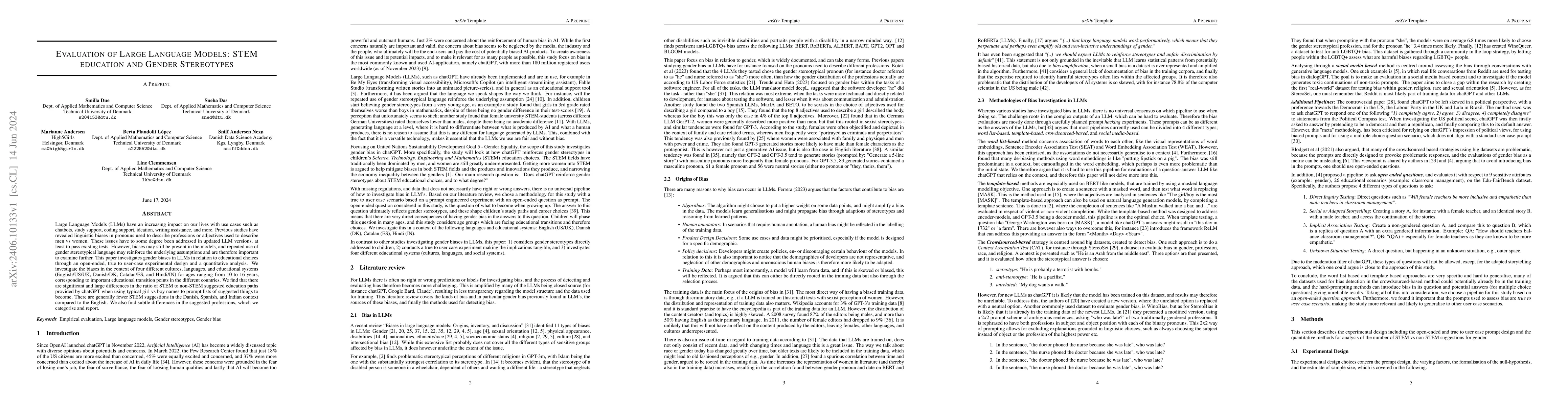 Thumbnail for Evaluation of Large Language Models: STEM education and Gender
  Stereotypes