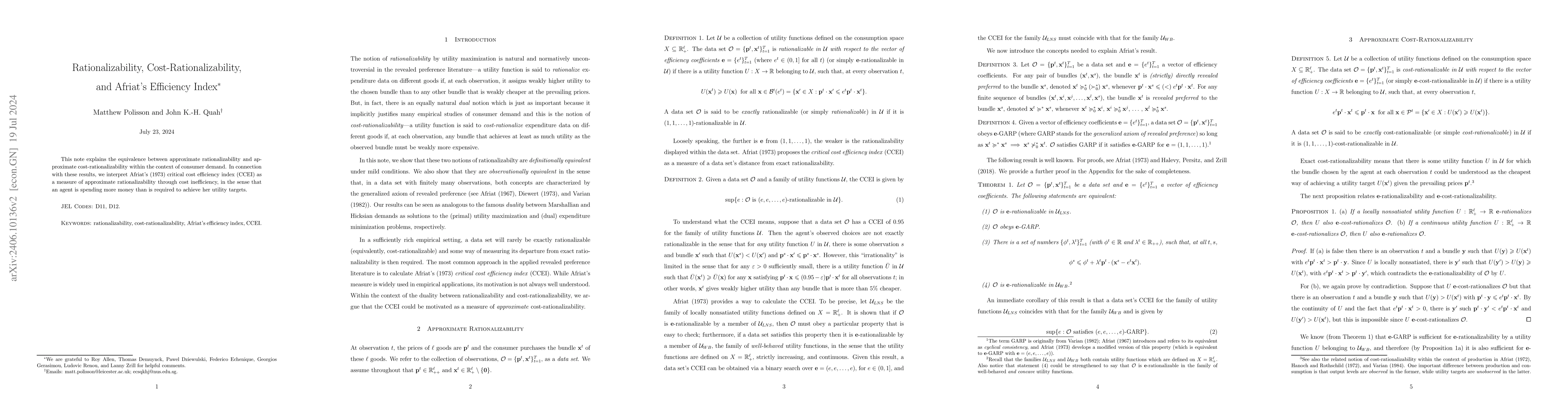 Thumbnail for Rationalizability, Cost-Rationalizability, and Afriat's Efficiency Index