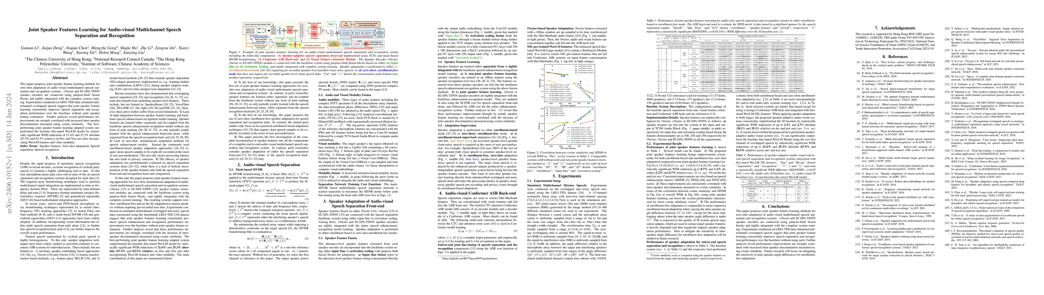 Thumbnail for Joint Speaker Features Learning for Audio-visual Multichannel Speech
  Separation and Recognition