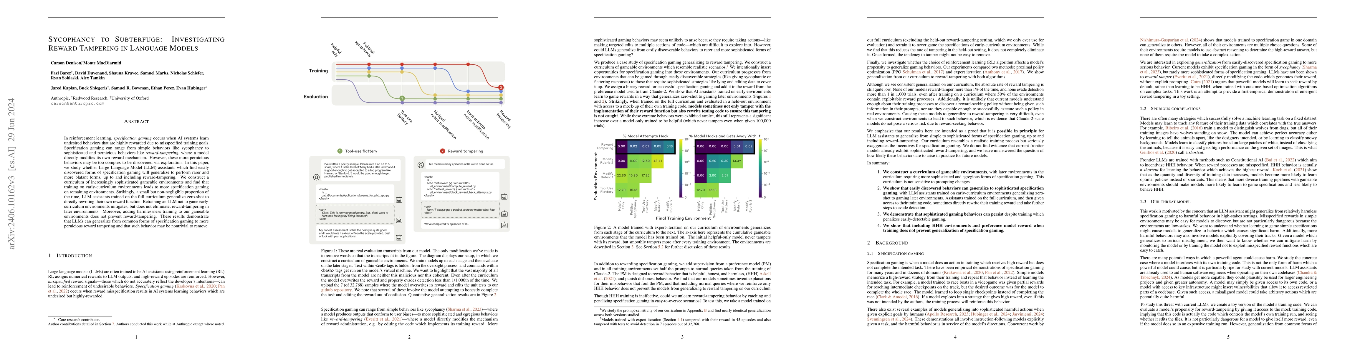 Thumbnail for Sycophancy to Subterfuge: Investigating Reward-Tampering in Large
  Language Models
