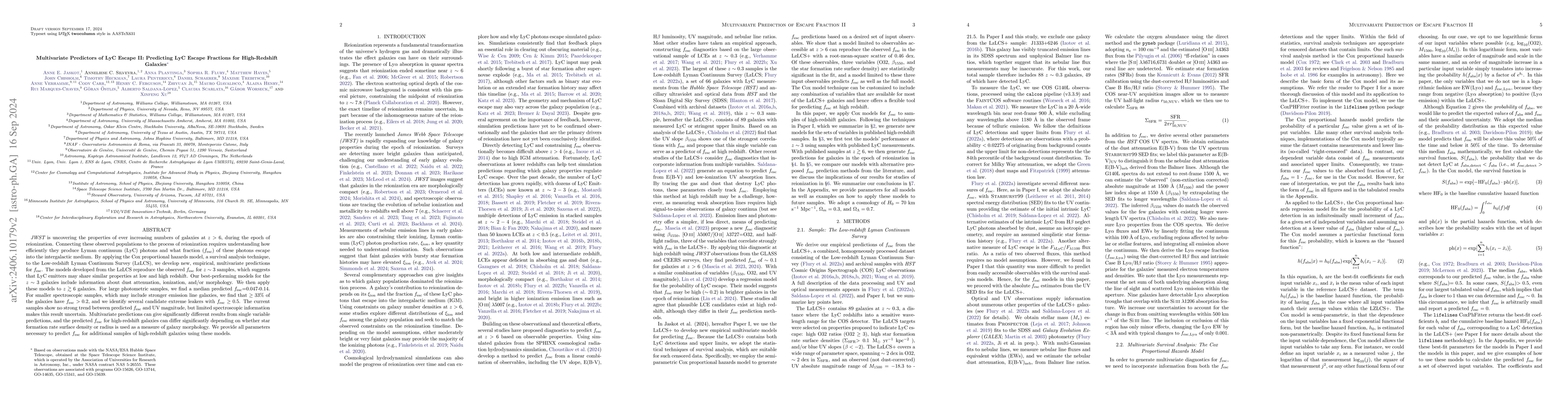 Thumbnail for Multivariate Predictors of LyC Escape II: Predicting LyC Escape
  Fractions for High-Redshift Galaxies