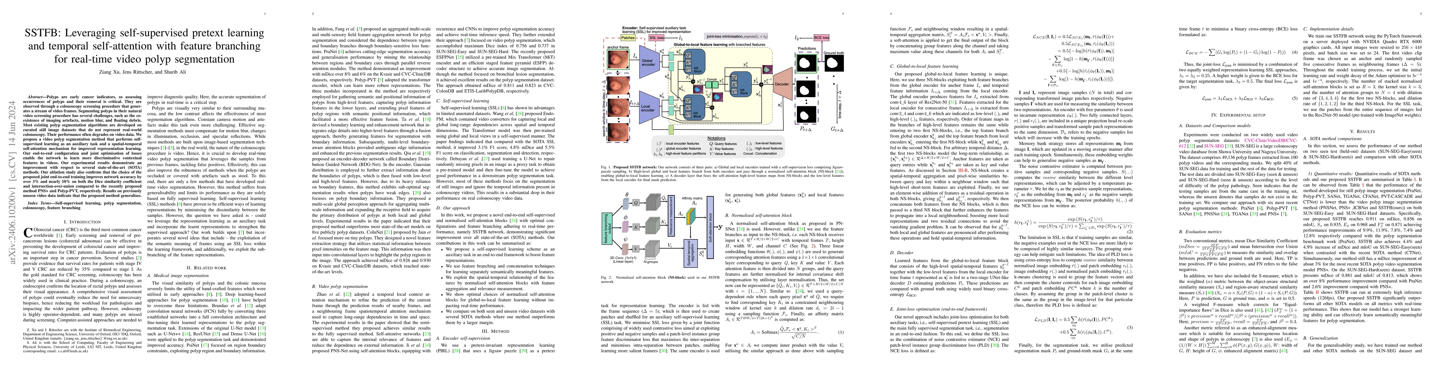 Thumbnail for SSTFB: Leveraging self-supervised pretext learning and temporal
  self-attention with feature branching for real-time video polyp segmentation