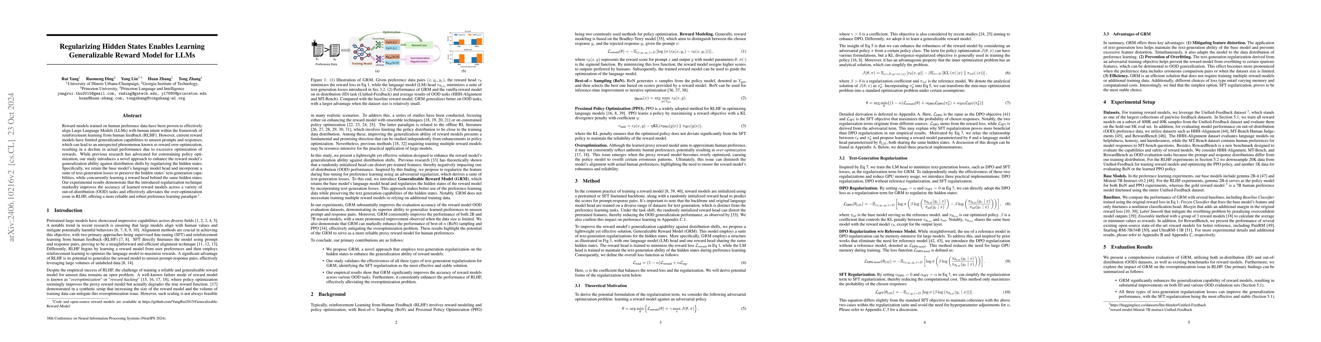 Thumbnail for Regularizing Hidden States Enables Learning Generalizable Reward Model
  for LLMs