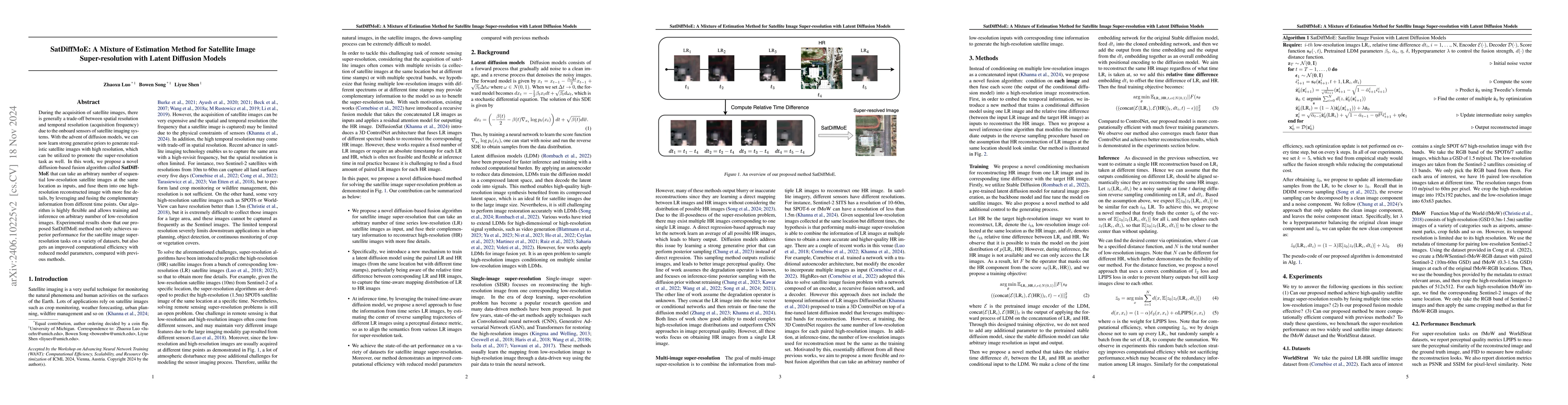 Thumbnail for SatDiffMoE: A Mixture of Estimation Method for Satellite Image
  Super-resolution with Latent Diffusion Models