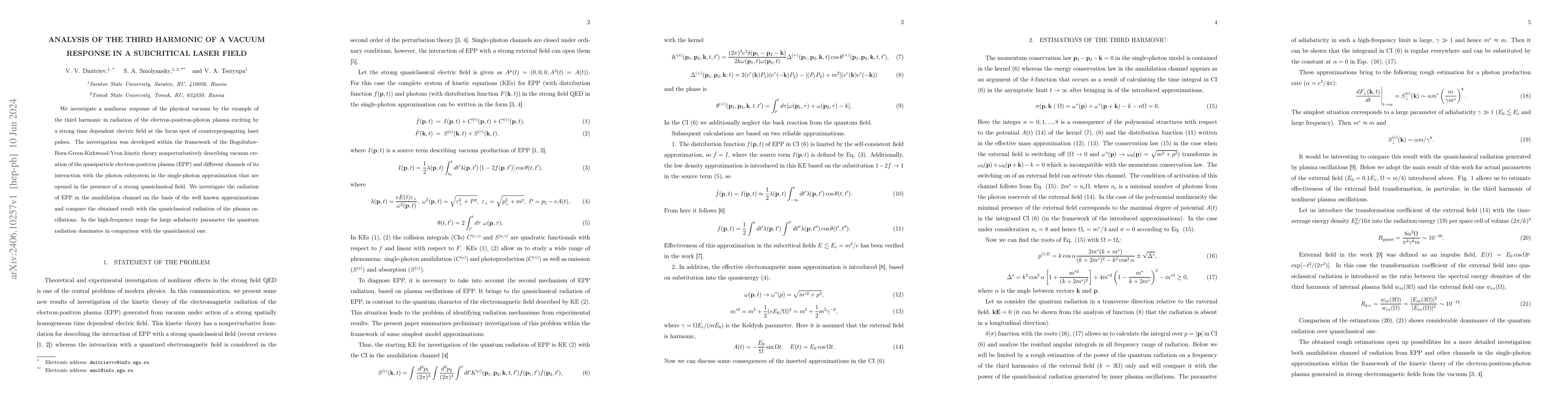 Thumbnail for Analysis of the Third Harmonic of a Vacuum Response in a Subcritical
  Laser Field