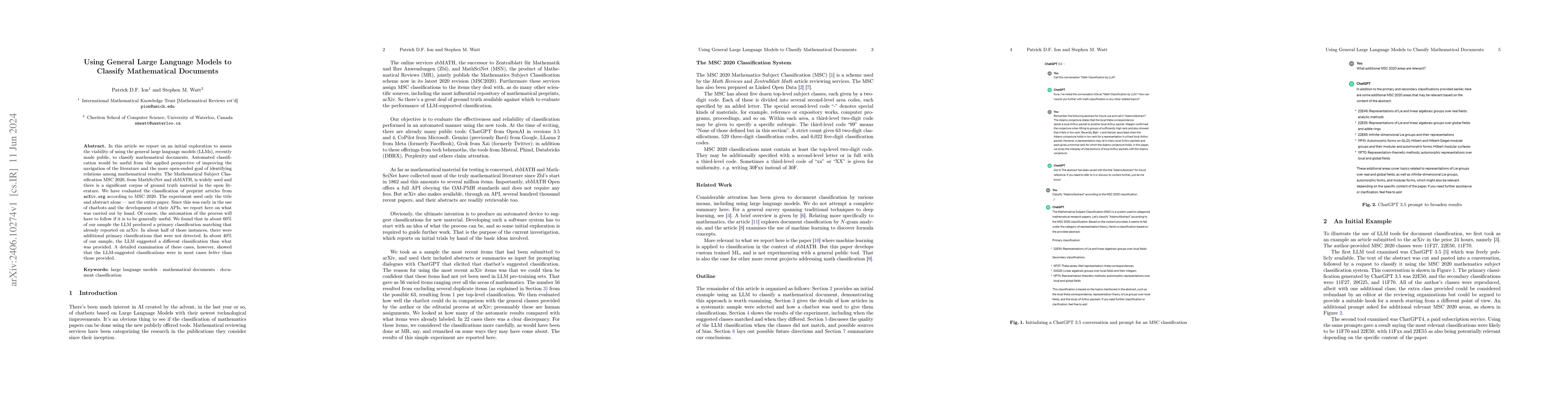 Thumbnail for Using General Large Language Models to Classify Mathematical Documents