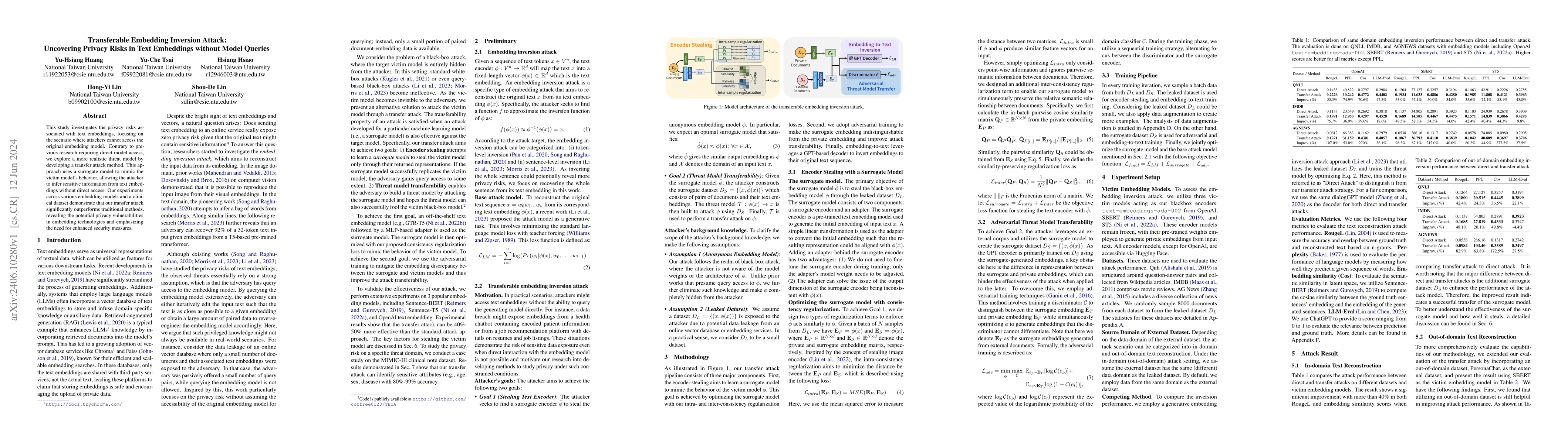 Thumbnail for Transferable Embedding Inversion Attack: Uncovering Privacy Risks in
  Text Embeddings without Model Queries