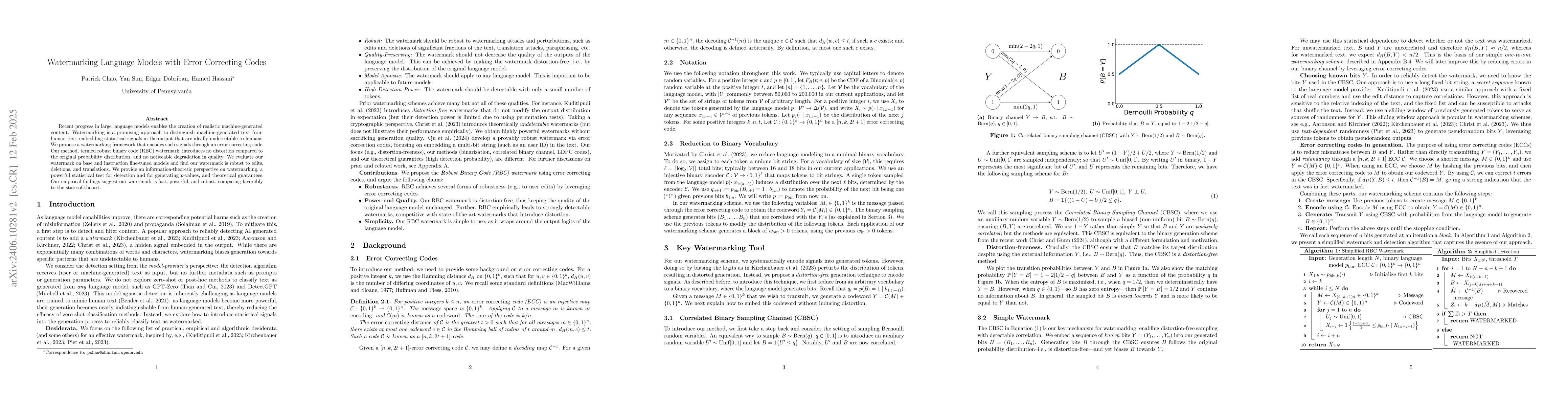 Thumbnail for Watermarking Language Models with Error Correcting Codes