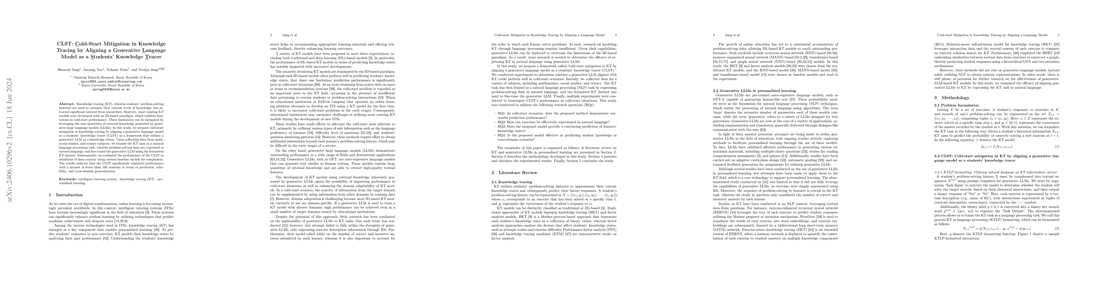 Thumbnail for CLST: Cold-Start Mitigation in Knowledge Tracing by Aligning a
  Generative Language Model as a Students' Knowledge Tracer