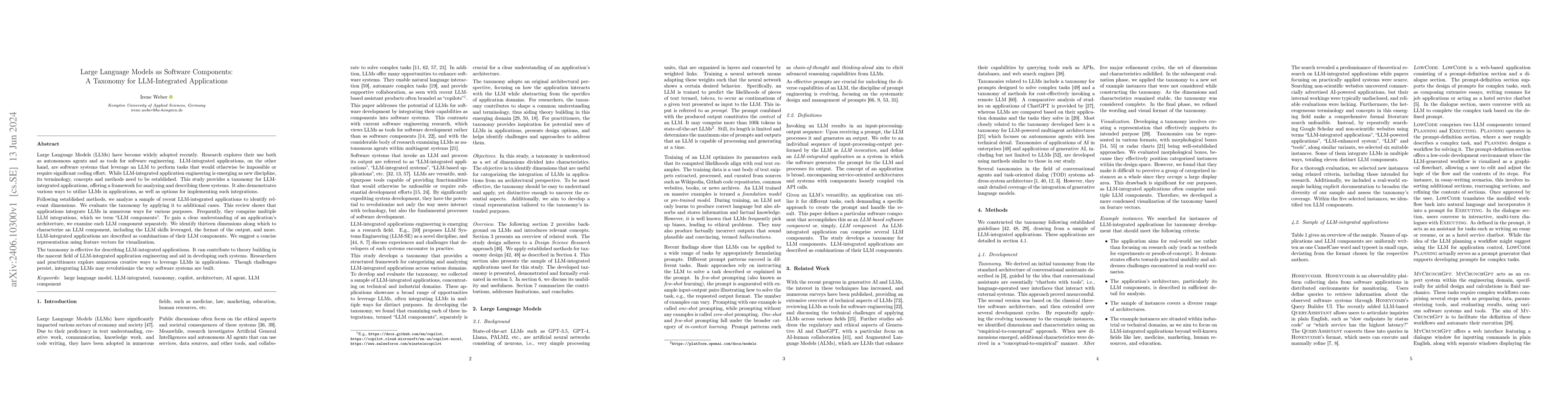 Thumbnail for Large Language Models as Software Components: A Taxonomy for
  LLM-Integrated Applications