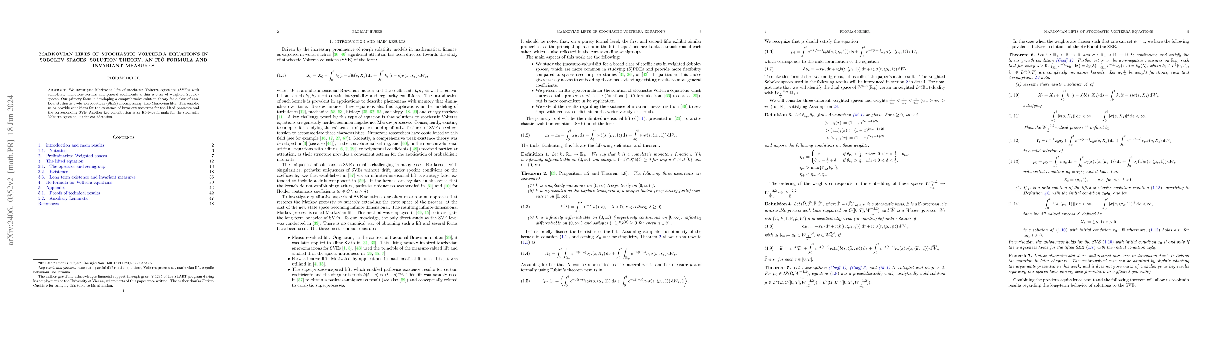 Thumbnail for Markovian Lifts of Stochastic Volterra Equations in Sobolev Spaces:
  Solution theory, an Ito Formula and Invariant Measures