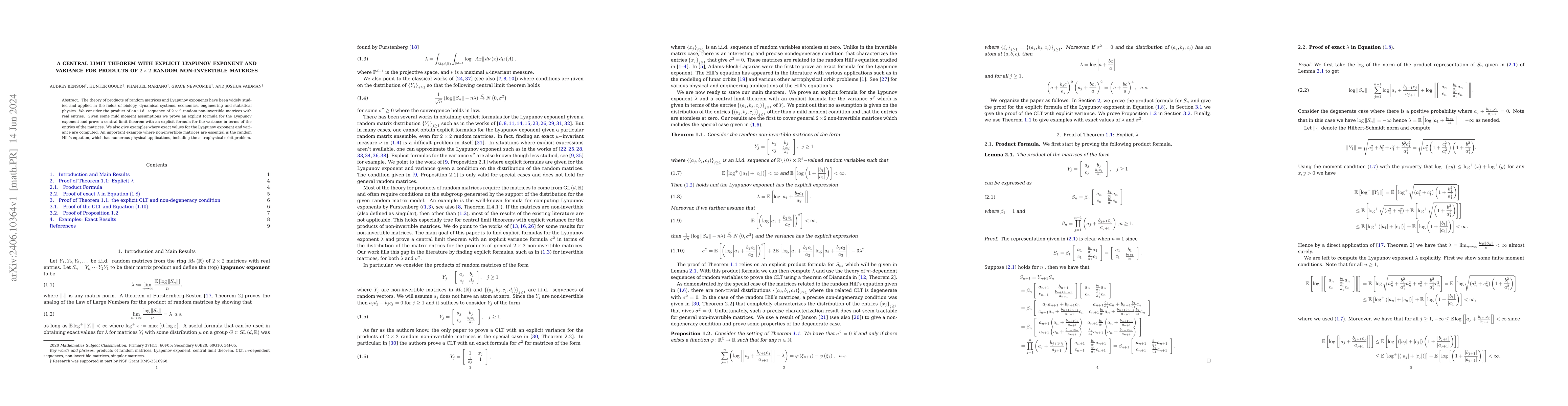 Thumbnail for A central limit theorem with explicit Lyapunov exponent and variance for
  products of $2\times2$ random non-invertible matrices