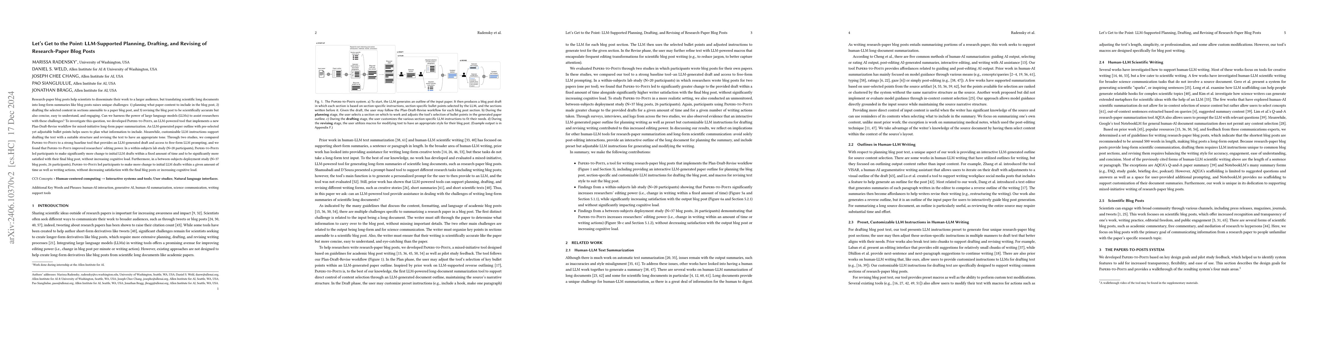 Thumbnail for Let's Get to the Point: LLM-Supported Planning, Drafting, and Revising
  of Research-Paper Blog Posts