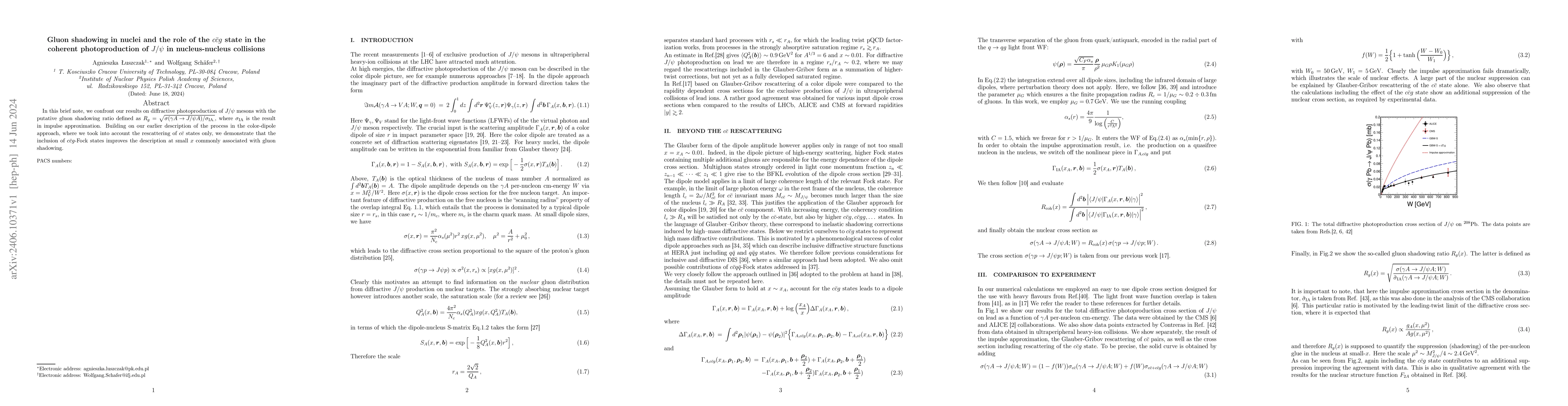 Thumbnail for Gluon shadowing in nuclei and the role of the $c \bar c g$ state in the
  coherent photoproduction of $J/\psi$ in nucleus-nucleus collisions