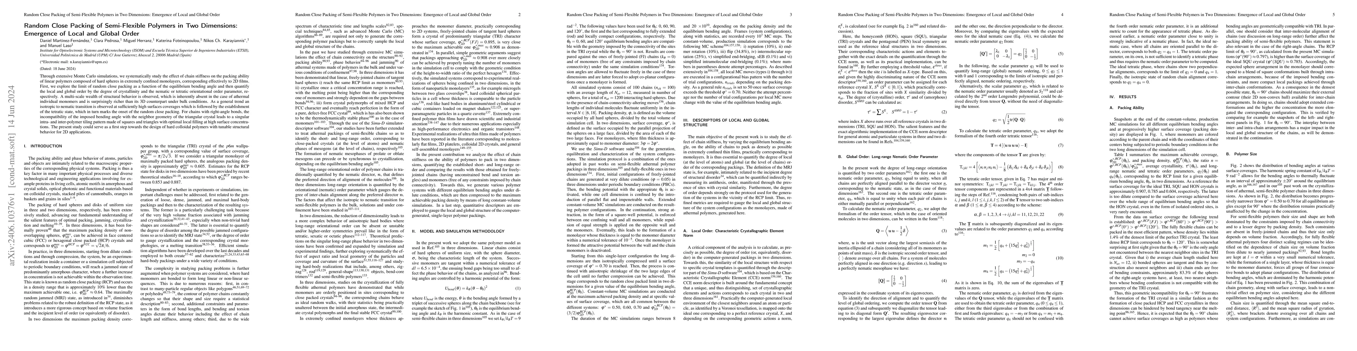 Thumbnail for Random Close Packing of Semi-Flexible Polymers in Two Dimensions:
  Emergence of Local and Global Order