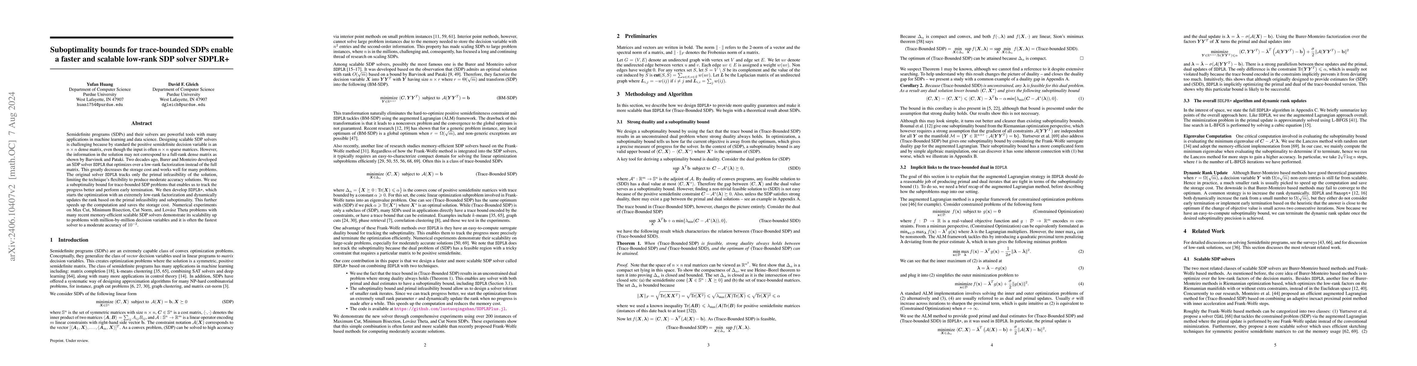 Thumbnail for Suboptimality bounds for trace-bounded SDPs enable a faster and scalable
  low-rank SDP solver SDPLR+