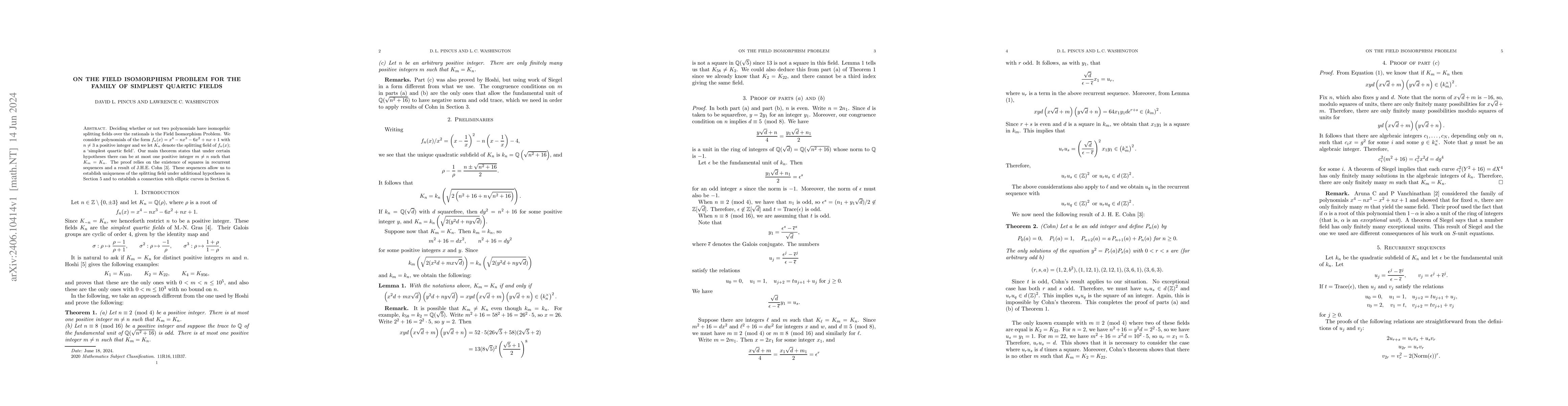 Thumbnail for On the Field Isomorphism Problem for the Family of Simplest Quartic
  Fields