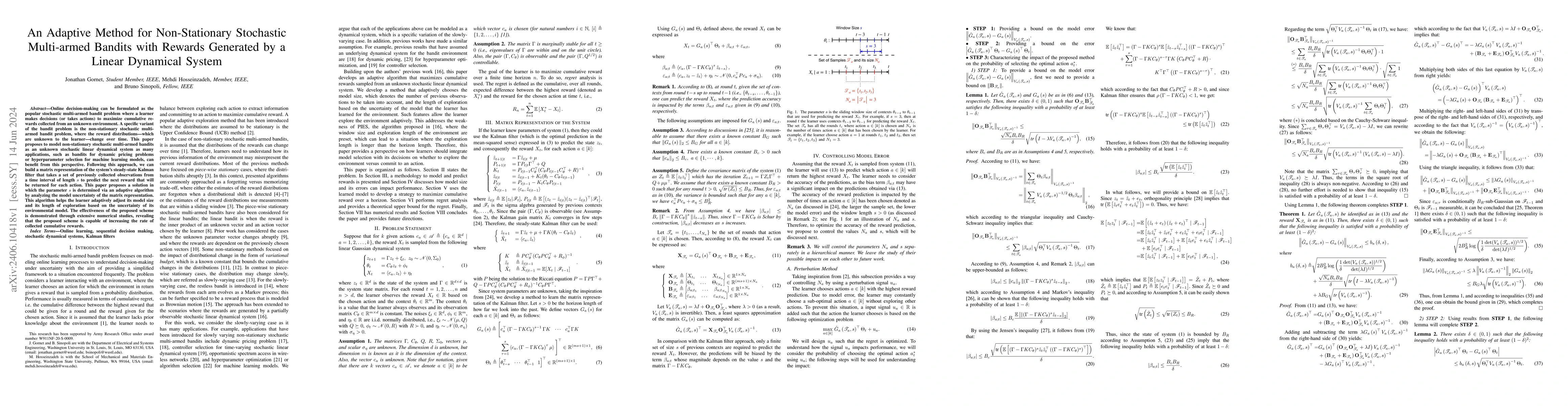 Thumbnail for An Adaptive Method for Non-Stationary Stochastic Multi-armed Bandits
  with Rewards Generated by a Linear Dynamical System