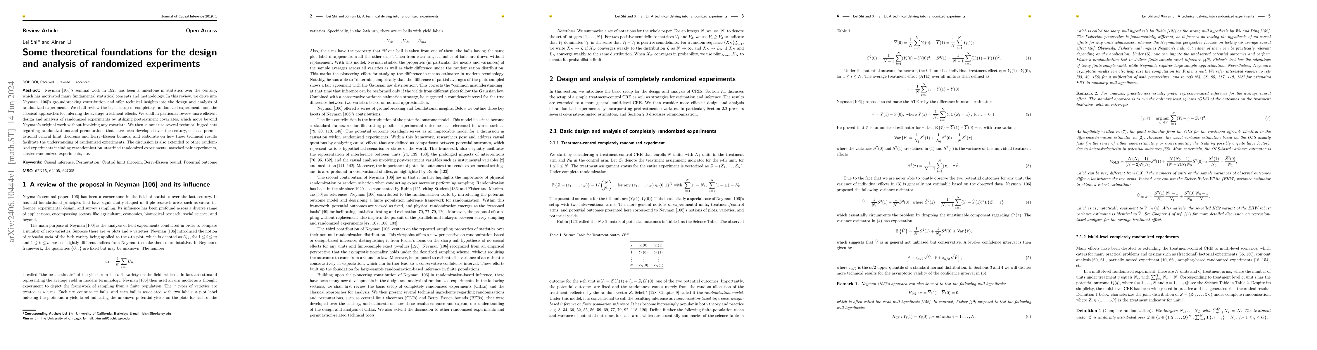 Thumbnail for Some theoretical foundations for the design and analysis of randomized
  experiments