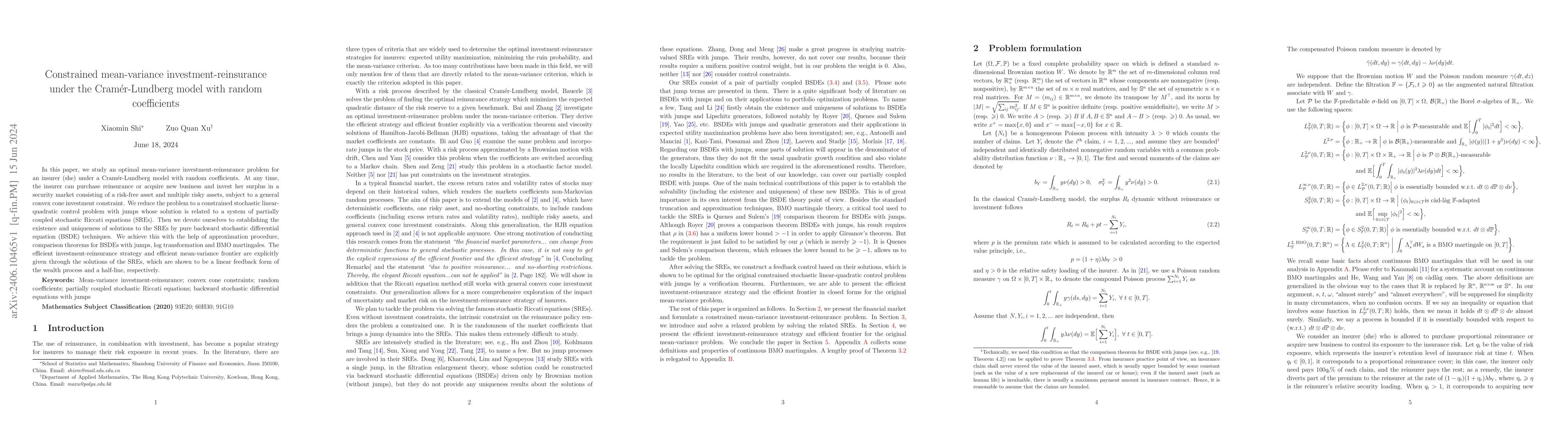 Thumbnail for Constrained mean-variance investment-reinsurance under the
  Cram\'er-Lundberg model with random coefficients