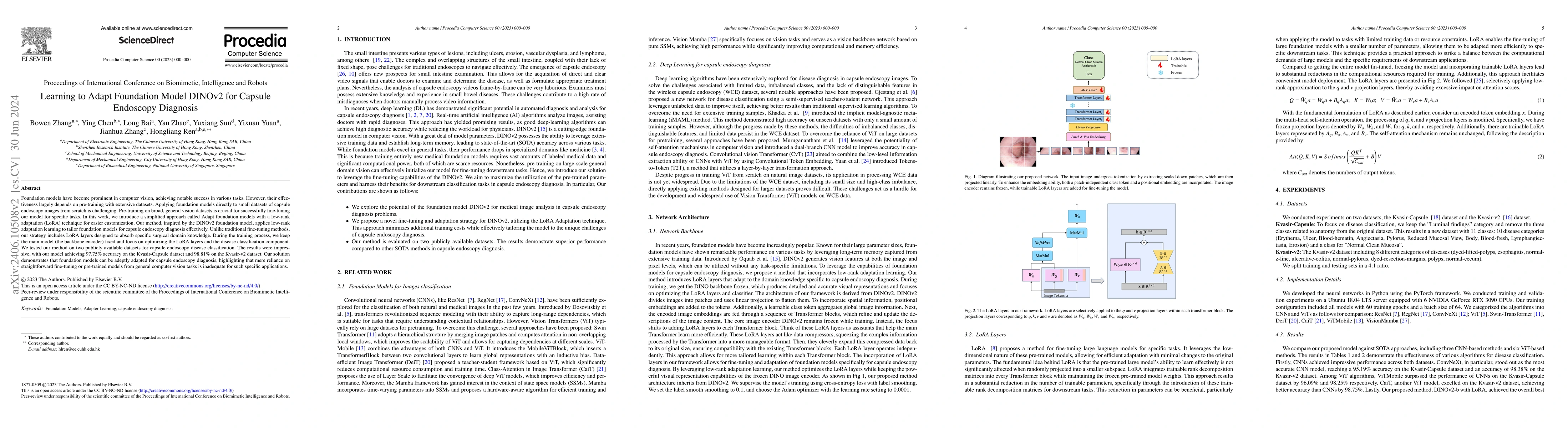 Thumbnail for Learning to Adapt Foundation Model DINOv2 for Capsule Endoscopy
  Diagnosis