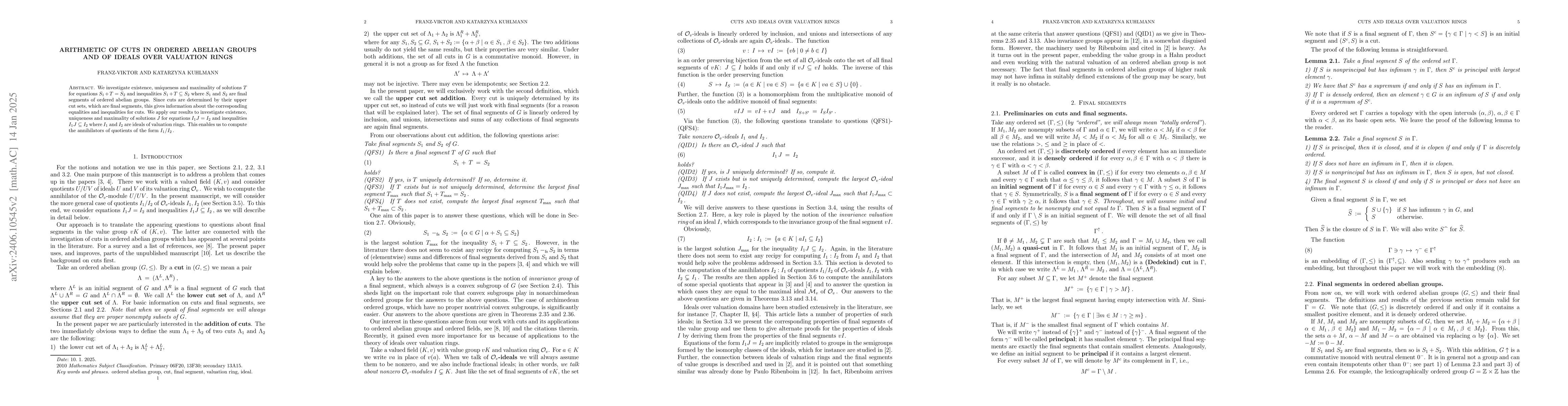 Thumbnail for Arithmetic of cuts in ordered abelian groups and of ideals over
  valuation rings
