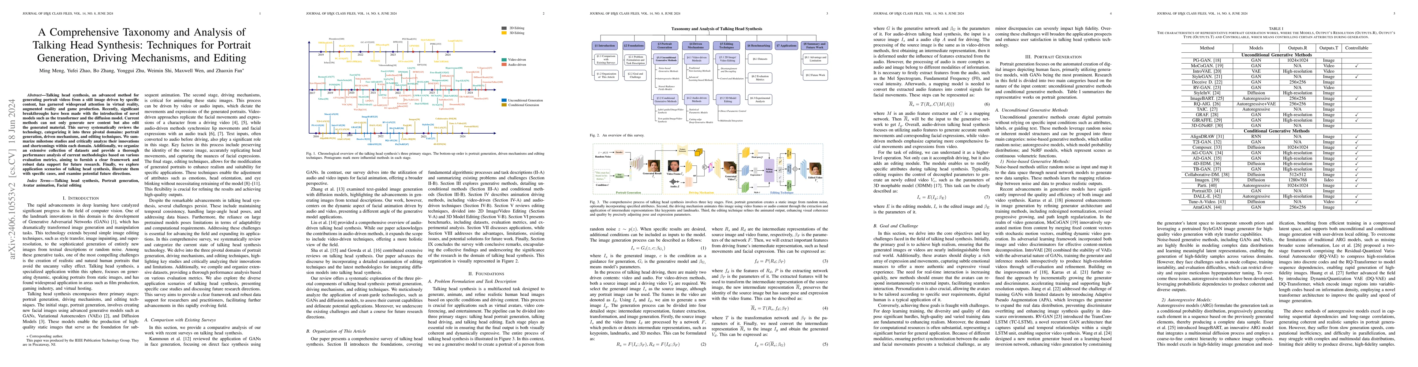 Thumbnail for A Comprehensive Taxonomy and Analysis of Talking Head Synthesis:
  Techniques for Portrait Generation, Driving Mechanisms, and Editing