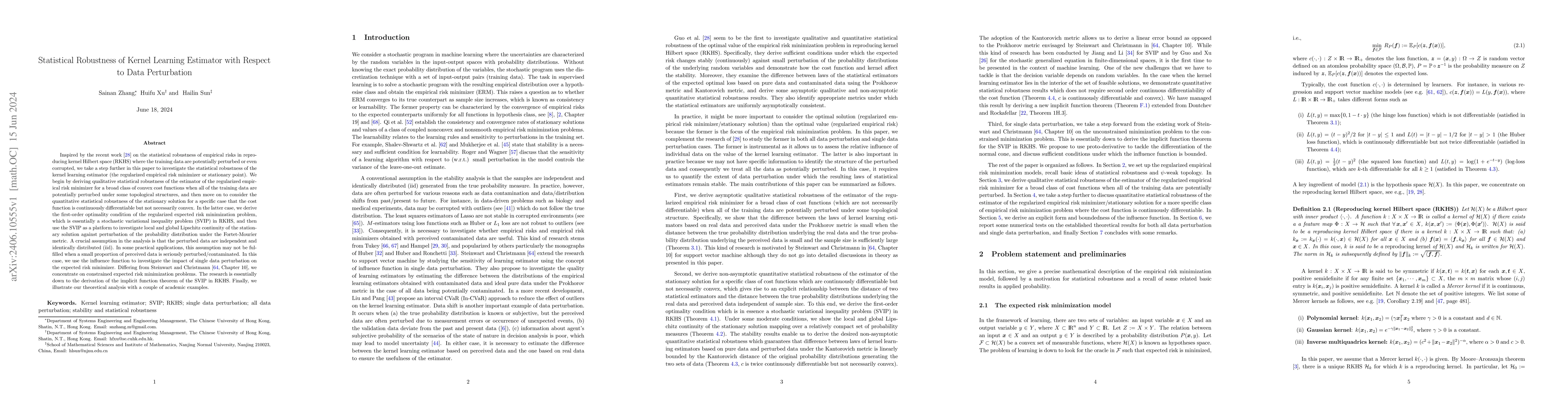 Thumbnail for Statistical Robustness of Kernel Learning Estimator with Respect to Data
  Perturbation